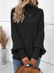 Kadın Uzun Kollu Balıkçı Yaka Düğme Detaylı Triko Panço