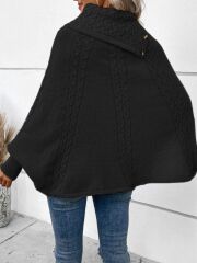 Kadın Uzun Kollu Balıkçı Yaka Düğme Detaylı Triko Panço