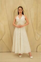 Beyaz İnci Kemer Detaylı Dantelli Elbise