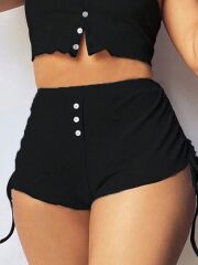 Kadın Ip Askılı Crop Bluz Ve Yanlardan Büzgülü Ikili Kaşkorse Short Takım