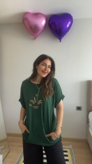 Kadın Kısa Kollu Bisiklet Yaka Cepli Kelebek Baskılı Viskon Elbise