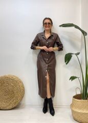 Kahverengi Kemerli Deri Elbise