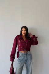 SÜET CROP CEKET KOL 3 KEMER DETAYLI - Bordo