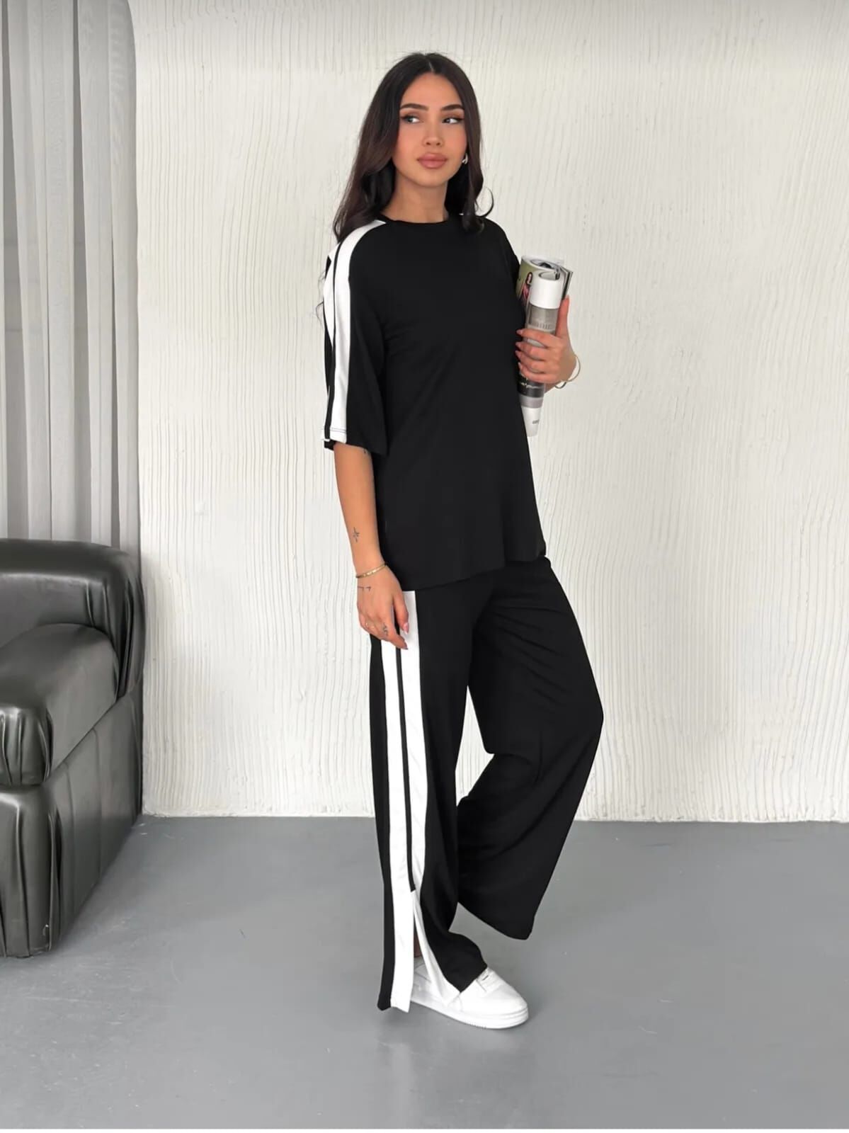 Yanları Şerit Detay Modal Kumaş Siyah Alt Üst Takım