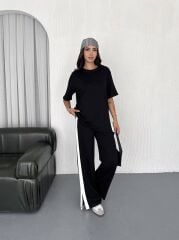 Yanları Şerit Detay Modal Kumaş Siyah Alt Üst Takım