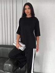 Yanları Şerit Detay Modal Kumaş Siyah Alt Üst Takım