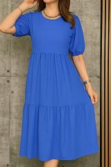 Kadın Kısa Kollu Yakası Açık Katlı Bürümcük Balon Elbise