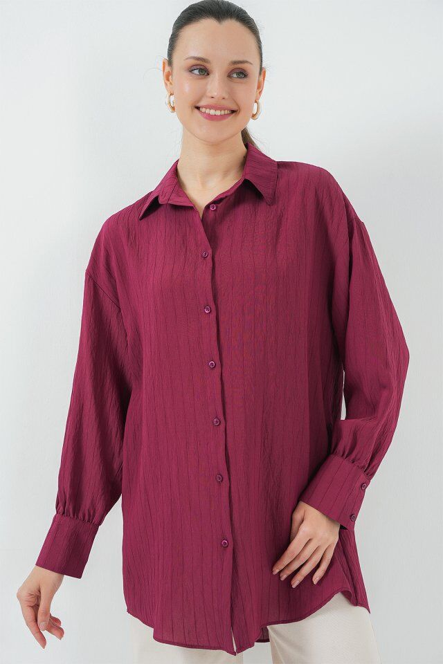 Çizgili Uzun Gömlek Tunik 5963 - Bordo