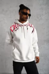 Erkek Ön Ve Arka Baskılı Kapüşonlu 3 İplik Sweatshirt - Beyaz