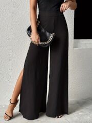 Kadın Yüksek Bel Yandan Fermuarlı Yırtmaçlı Geniş Paçalı Aerobin Pantolon