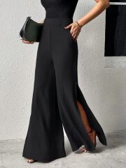 Kadın Yüksek Bel Yandan Fermuarlı Yırtmaçlı Geniş Paçalı Aerobin Pantolon