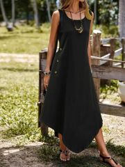 Kadın Askılı Yuvarlak Yaka Düğmeli Asimetrik Kesim Detaylı Ithal Keten Elbise