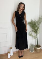 Kadın Düğme Detay Kolsuz Maxi Boy Elbise