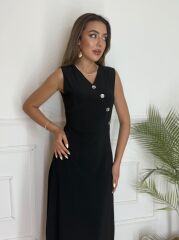 Kadın Düğme Detay Kolsuz Maxi Boy Elbise