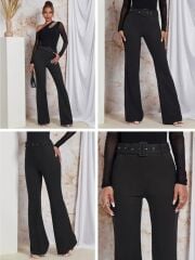 Kadın Yüksek Bel Kemerli Paçaya Doğru Genişleyen Ithal Krep Pantolon