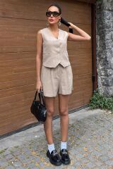 Yelek Şort Flamlı Keten Takım 10133-17