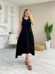 Kadın Askılı Yuvarlak Yakalı Asimetrik Kesim Detaylı Viskon Elbise