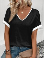 Kadın Kısa Kollu V Yakalı çift Renkli Viskon Bluz