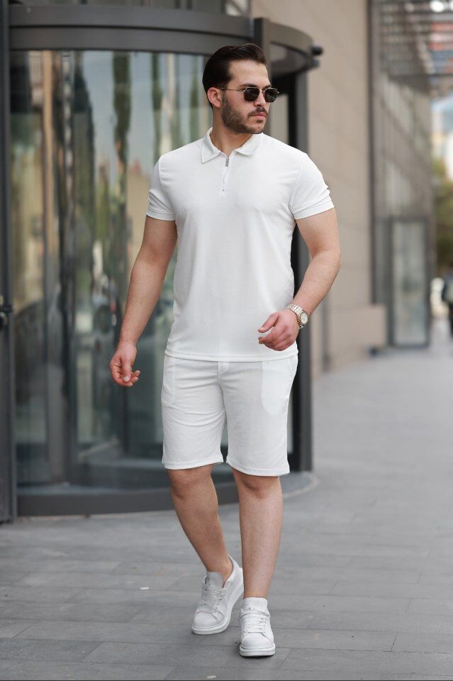 Erkek Yakalı Fermuarlı T-shirt şort Ikili Takım