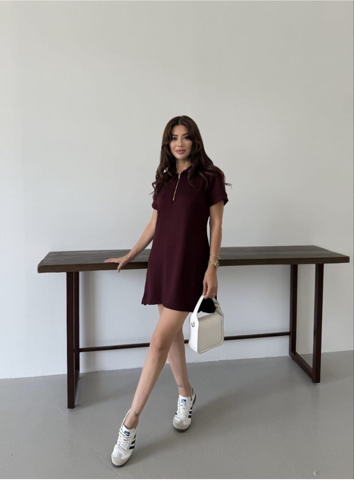 Kadın Polo Yaka Mini Boy Modal Kumaş Bordo Elbise