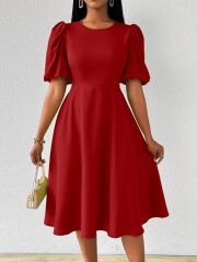 Kadın Kısa Balon Kollu Bisiklet Yaka Kiloş Janjan Krep Elbise