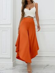 Kadın Yüksek Belli Geniş Paçalı Yanlardan Açık Sandy Pantolon