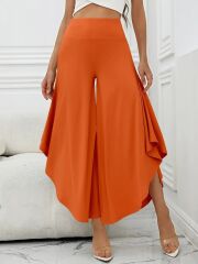 Kadın Yüksek Belli Geniş Paçalı Yanlardan Açık Sandy Pantolon