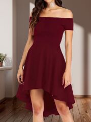 Kadın Kısa Kollu Madonna Yaka önü Kısa Arkası Uzun Ithal Krep Elbise