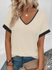 Kadın Kısa Kollu V Yakalı çift Renkli Viskon Bluz
