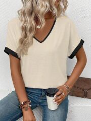 Kadın Kısa Kollu V Yakalı çift Renkli Viskon Bluz