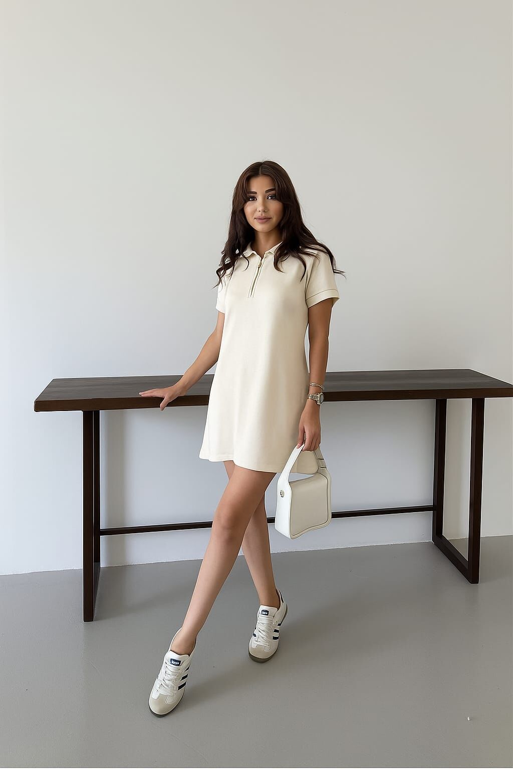 Kadın Polo Yaka Mini Boy Modal Kumaş Bej Elbise