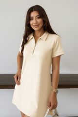 Kadın Polo Yaka Mini Boy Modal Kumaş Bej Elbise
