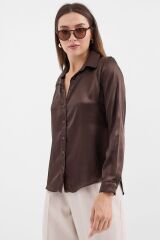 3964 Hafif Dökümlü Saten Gömlek - Kahverengi