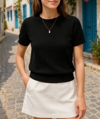 Kadın Kısa Kollu Bisiklet Yaka Triko Bluz
