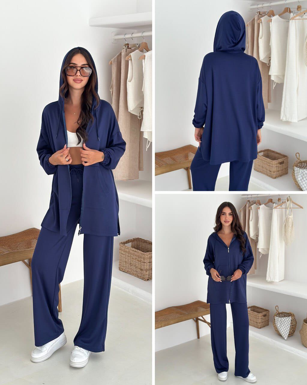 Kadın Modal Kumaş Fermuarlı Uzun Kol Lacivert Alt Üst Takım