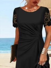 Kadın Kısa Kollu Yuvarlak Yaka Dantel Kol Detay Viskon Elbise