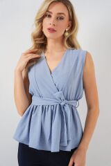 Kruvaze Yaka Kolsuz Bluz 966 - Mavi