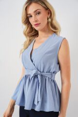 Kruvaze Yaka Kolsuz Bluz 966 - Mavi