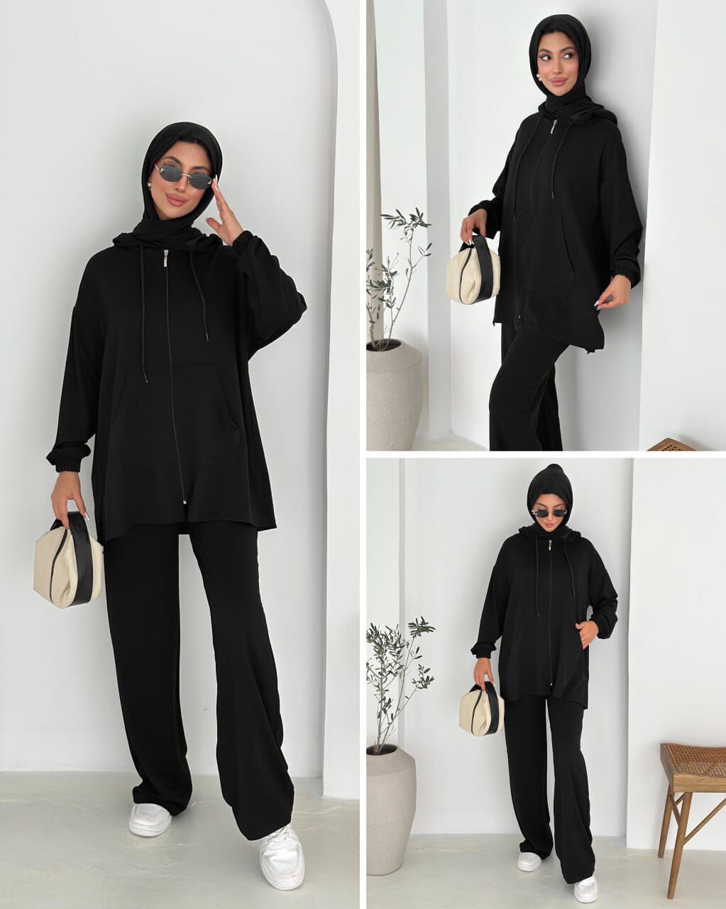 Kadın Modal Kumaş Fermuarlı Uzun Kol Siyah Alt Üst Takım