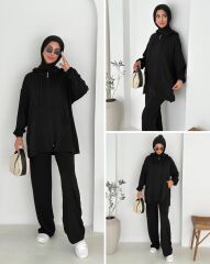 Kadın Modal Kumaş Fermuarlı Uzun Kol Siyah Alt Üst Takım