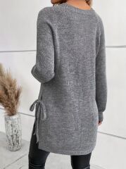 Kadın Uzun Kollu Yuvarlak Yakalı Yanlardan Bağcıklı Triko Bluz