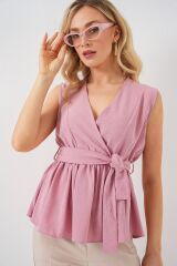 Kruvaze Yaka Kolsuz Bluz 966 - Pudra