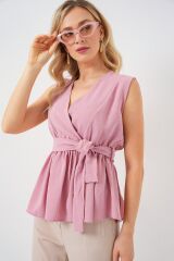 Kruvaze Yaka Kolsuz Bluz 966 - Pudra