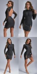 Kadın Kolları Ve Etek Ucu Dantel Detay Fermuar Dekolteli Skuba Kumaş Mini Elbise