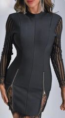 Kadın Kolları Ve Etek Ucu Dantel Detay Fermuar Dekolteli Skuba Kumaş Mini Elbise