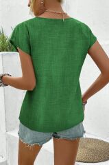 Kadın Kısa Kollu V Yakalı Düğmeli Keten Bluz
