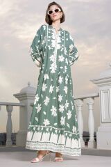 2423 Otantik Desenli Tesettür Elbise - Çağla