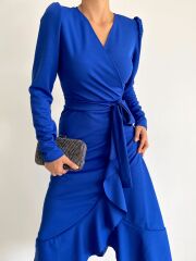 Krep Kumaş Midi Boy Kuşaklı Uzunkol Elbise