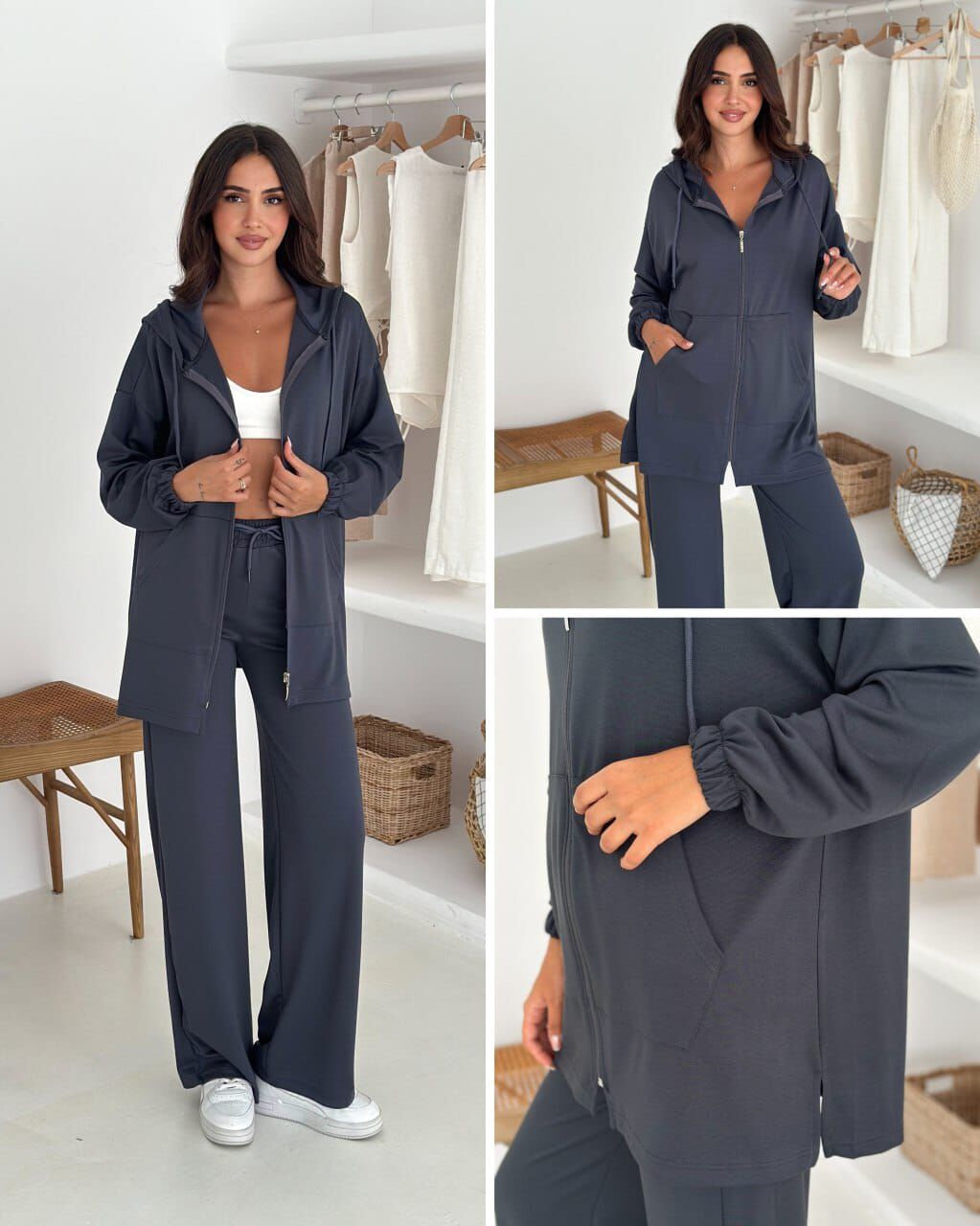 Kadın Modal Kumaş Fermuarlı Uzun Kol Antrasit Alt Üst Takım