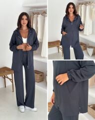 Kadın Modal Kumaş Fermuarlı Uzun Kol Antrasit Alt Üst Takım